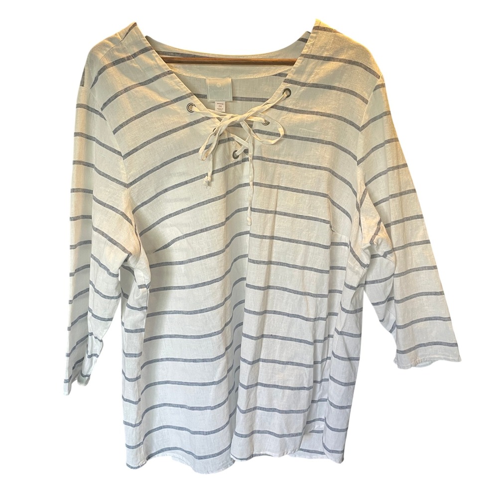 Womens Coastal Preppy Striped Linen Blend Lace Up Tunic‎ Size 2X Fisherman